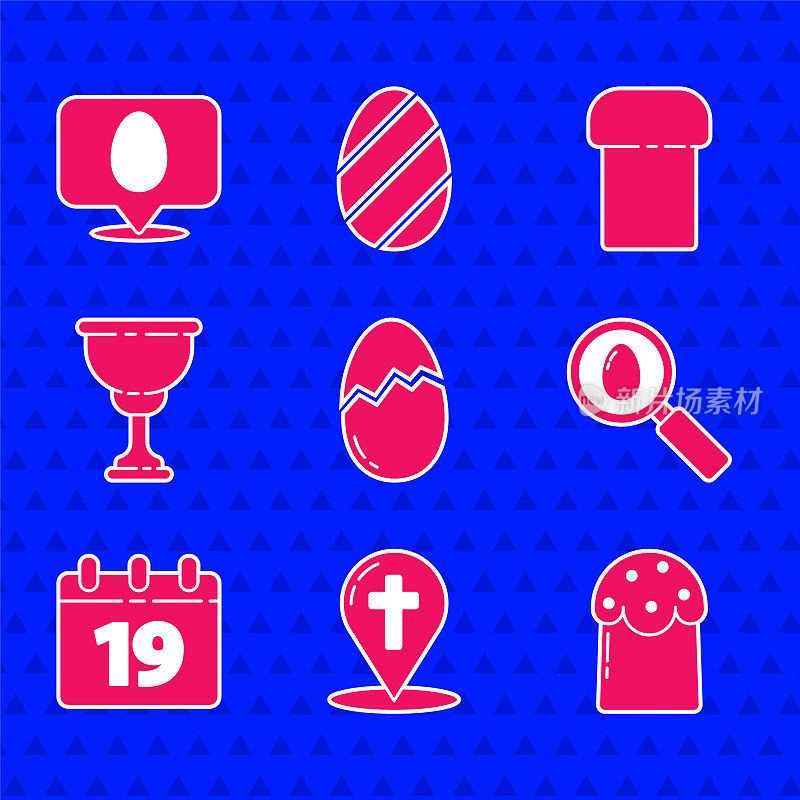 Set Broken egg，地图指针与基督教十字架，复活节蛋糕，搜索和复活节，日历快乐，基督教圣杯，和演讲气泡图标。向量